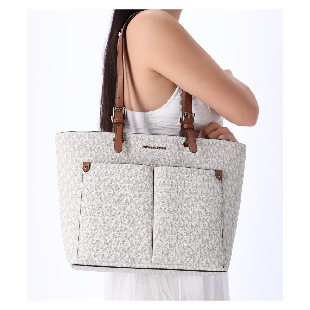 Michael Kors Jet Set Travel Medium Double Pocket Tote Vegan Leather Vanilla MK - Picture 1 of 9